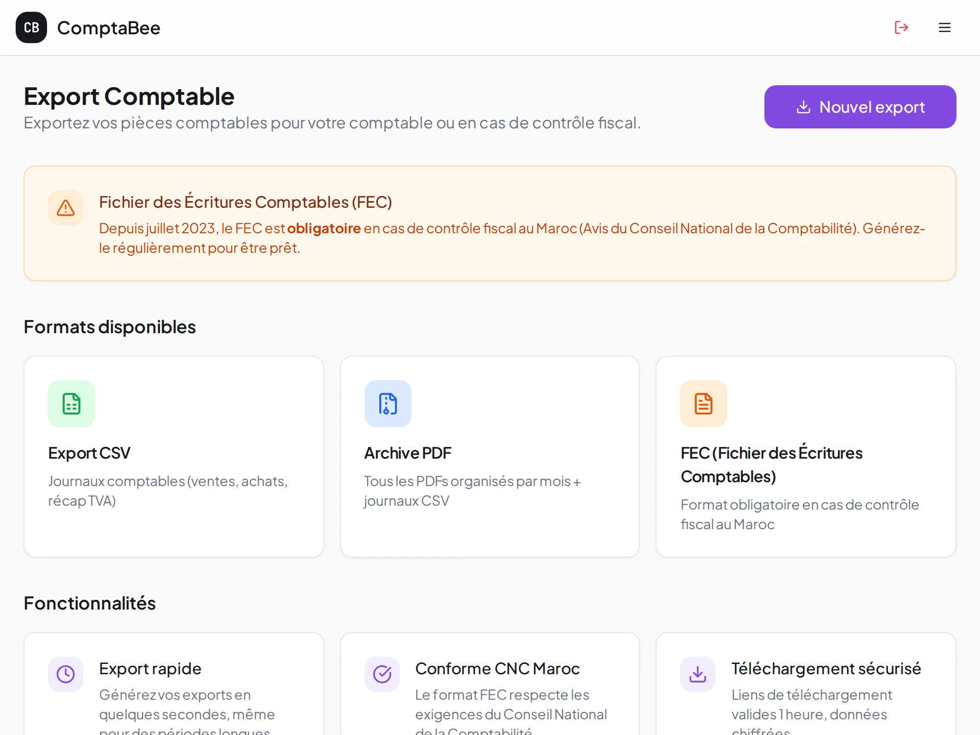 Écran d'export FEC dans ComptaBee avec prévisualisation du fichier conforme