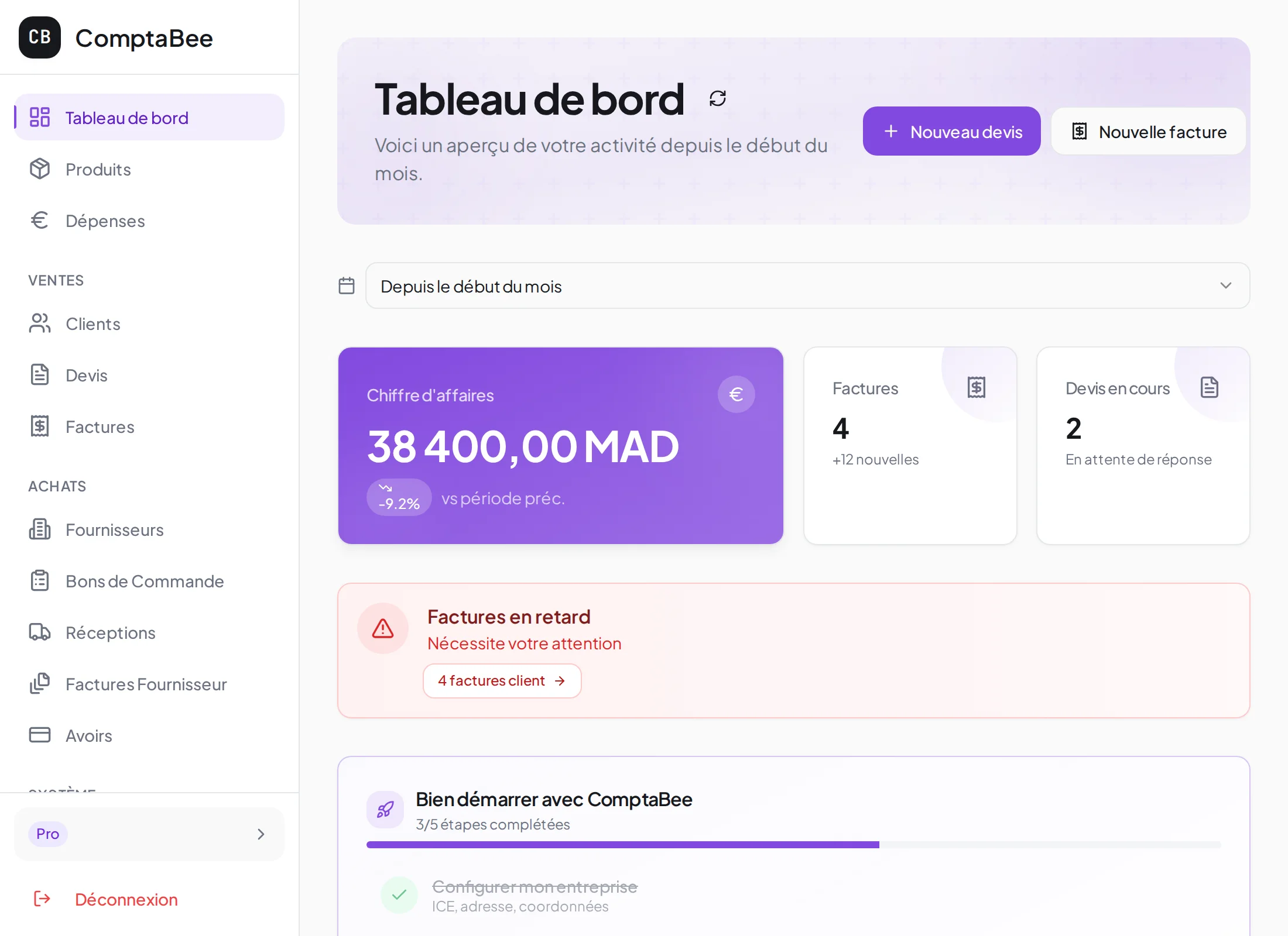 Dashboard ComptaBee unifié avec KPIs ventes et achats, alertes et factures fournisseurs récentes