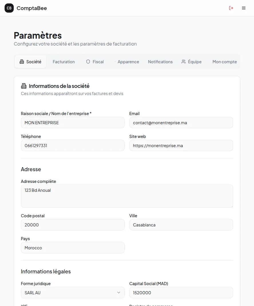 Paramètres société — ICE, RC, IF, TP, CNSS