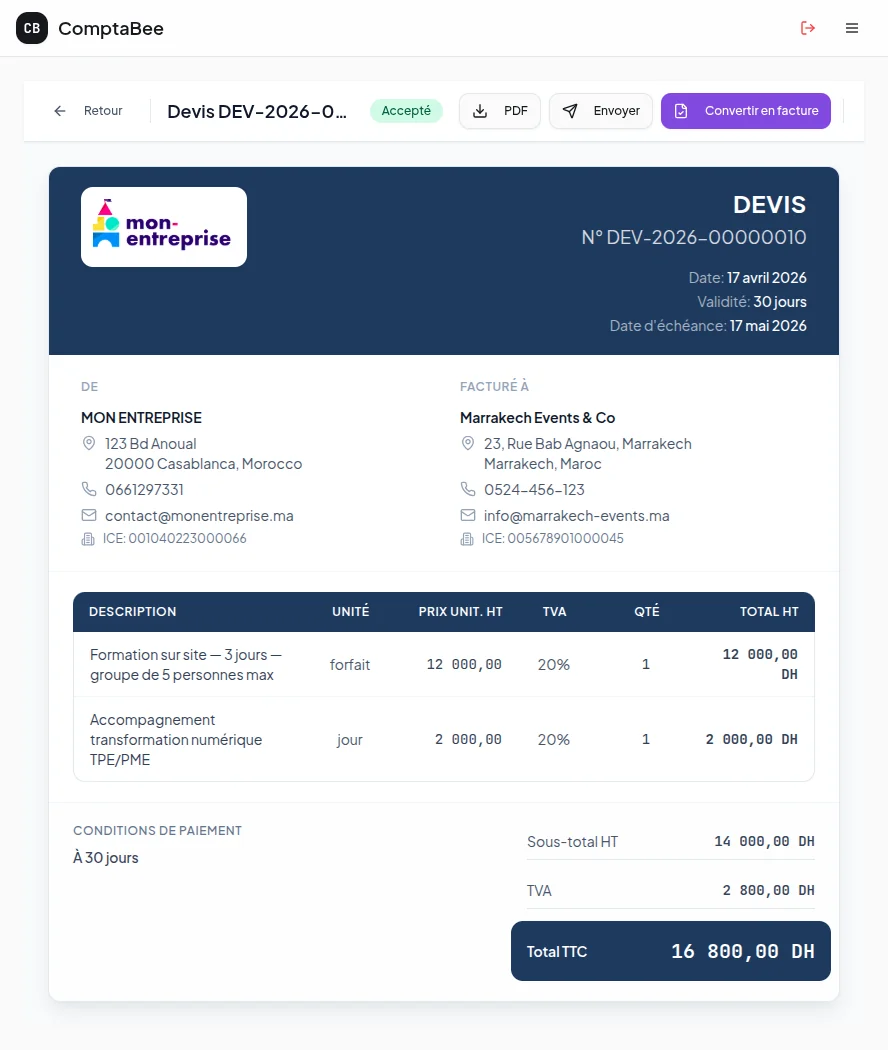 Devis accepté prêt à être converti en facture