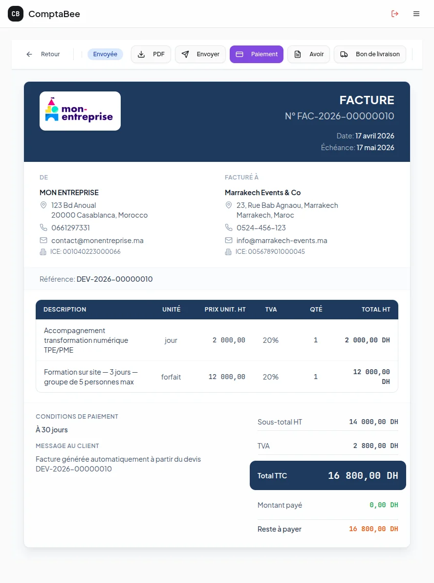 Facture envoyée avec suivi de paiement