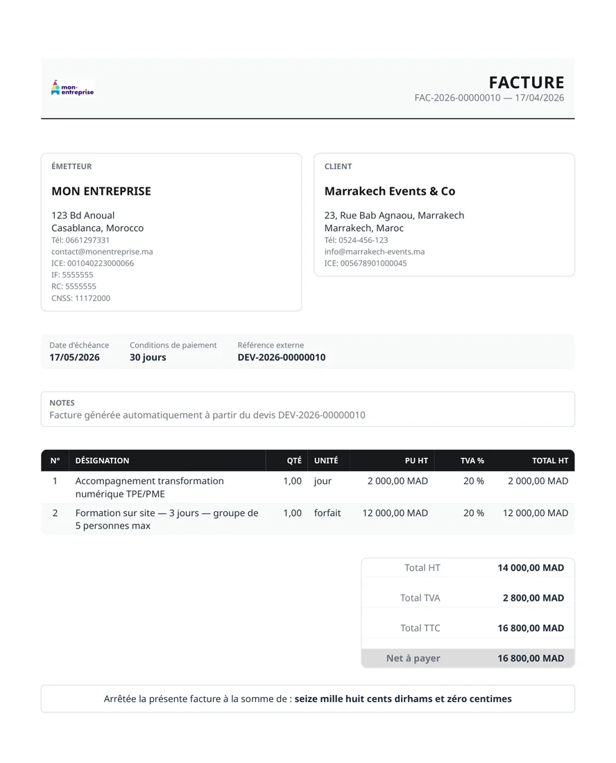 Aperçu PDF d'une facture ComptaBee avec logo, ICE, TVA et mentions légales