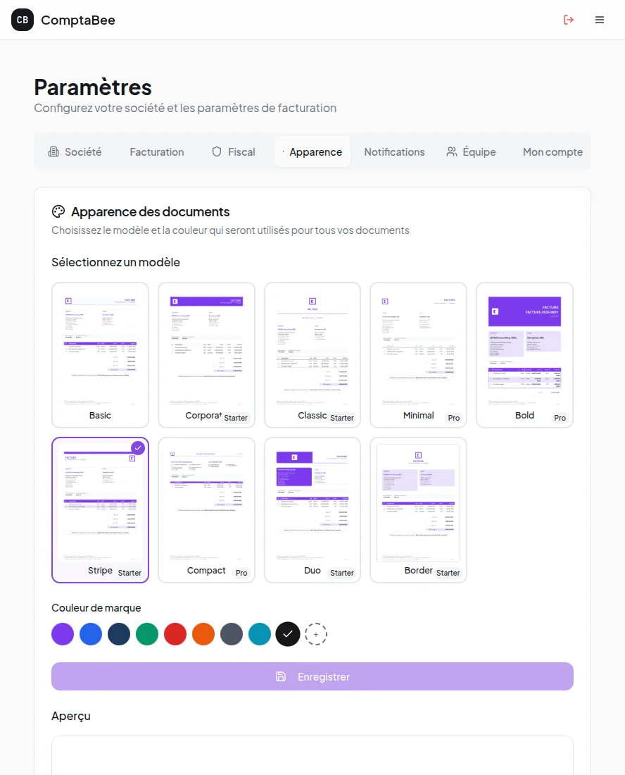 9 templates PDF et 16 couleurs de marque dans les paramètres ComptaBee