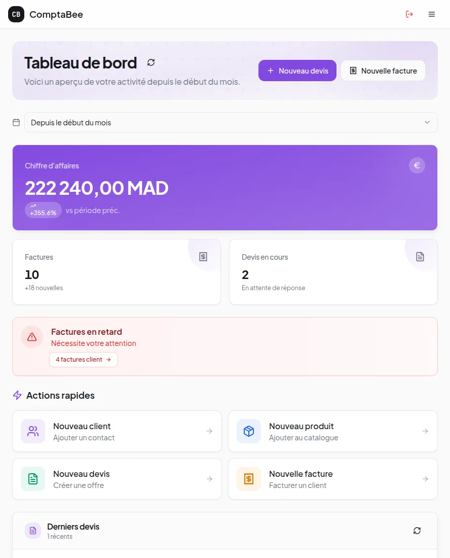 Éditeur de facture ComptaBee avec TVA, ICE et mentions légales automatiques