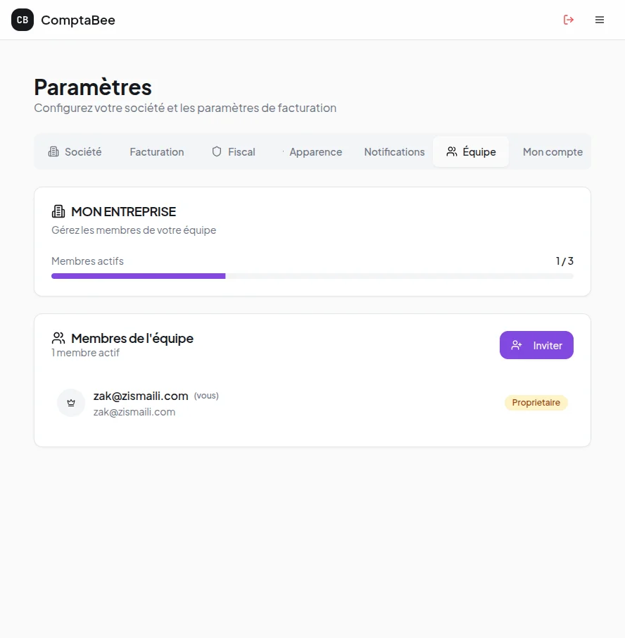 Gestion équipe et permissions ComptaBee