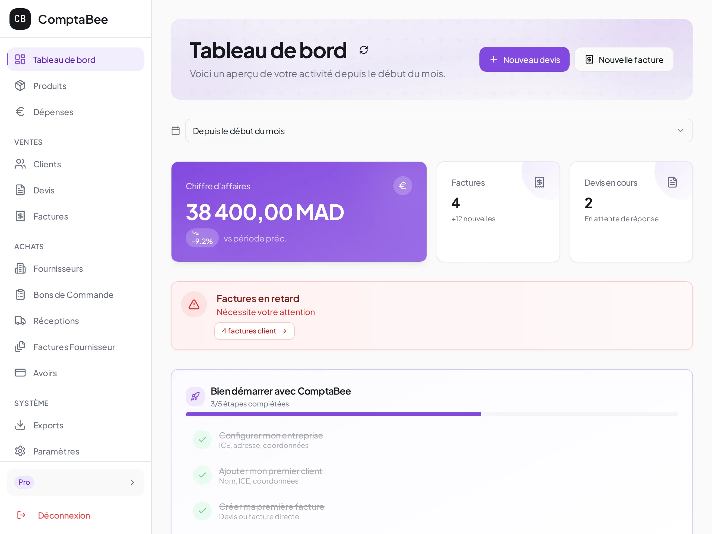 Sidebar ComptaBee montrant tous les modules disponibles