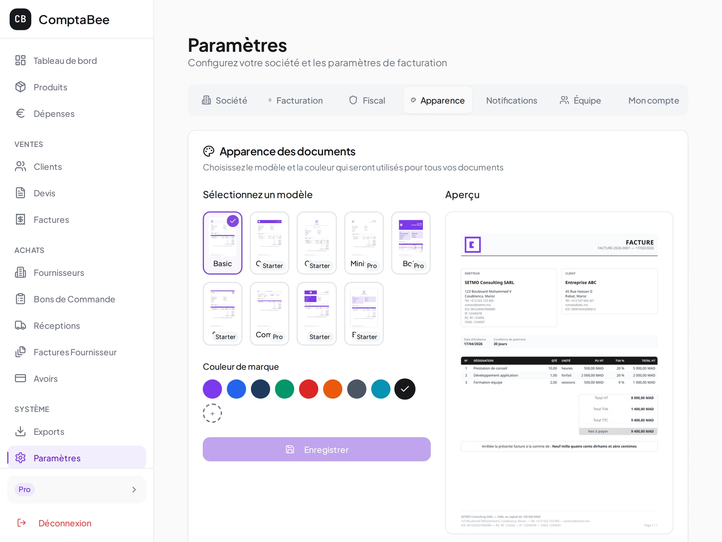 Galerie des templates PDF ComptaBee avec personnalisation de la couleur de marque