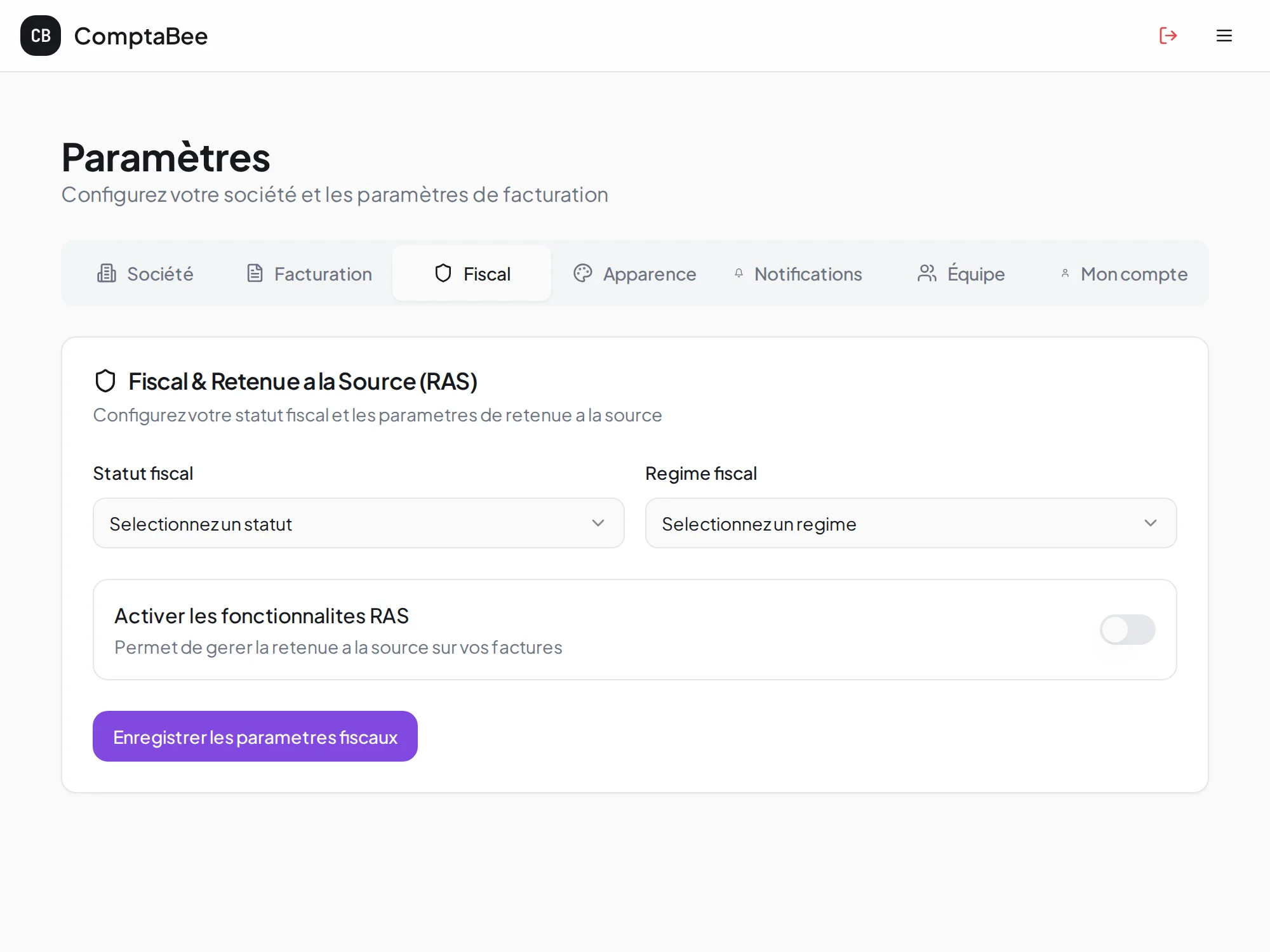 Écran des paramètres fiscaux ComptaBee avec statut, régime et RAS